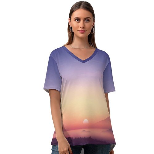 yanfind V Neck T-shirt for Women Coyle Sunrise Landscape Scenery Gradient Bear Deer Early Morning Summer Top  Short Sleeve Casual Loose
