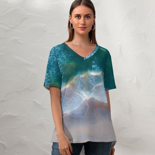 yanfind V Neck T-shirt for Women Pok Rie Beach Coastal Ocean Aerial Birds Eye Sand Seascape Waves Summer Top  Short Sleeve Casual Loose