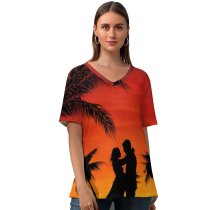 yanfind V Neck T-shirt for Women Love Couple Palm Trees Sky Sunset Silhouette Romance Summer Top  Short Sleeve Casual Loose