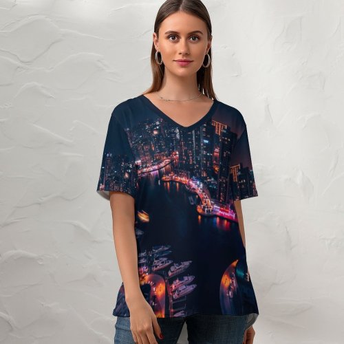 yanfind V Neck T-shirt for Women Daniel Zacatenco Dubai Marina United Arab Emirates Boats Cityscape Modern Architecture Night Summer Top  Short Sleeve Casual Loose