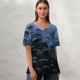 yanfind V Neck T-shirt for Women Stones Pebbles Seashore Foggy Mist Dark Summer Top  Short Sleeve Casual Loose