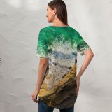 yanfind V Neck T-shirt for Women Romain Guy Seashore Aerial Beach Cliff Ocean Waves Beautiful Birds Eye Sand Summer Top  Short Sleeve Casual Loose