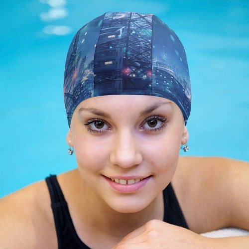 yanfind Swimming Cap Fantasy Dream Cityscape Snowfall  Night Elastic,suitable for long and short hair