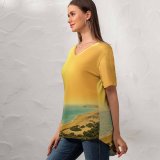 yanfind V Neck T-shirt for Women Talip ÇETİN Golden Sand Beach Cyprus Coastal Seascape Sunset Seashore Summer Top  Short Sleeve Casual Loose