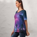 yanfind V Neck T-shirt for Women Beeple Love Couple Neon Destiny Dream Rocks Starry Sky Together Romantic Summer Top  Short Sleeve Casual Loose