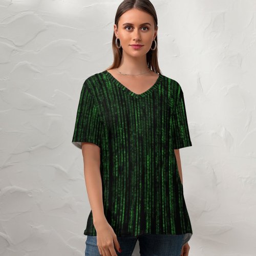yanfind V Neck T-shirt for Women Comfreak Technology Black Dark Matrix Program Falling Data Code Hacker Random Data Summer Top  Short Sleeve Casual Loose
