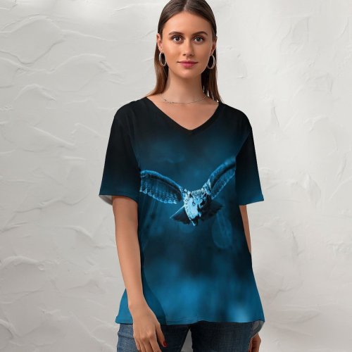 yanfind V Neck T-shirt for Women Comfreak Black Dark Owl Dark Moonlight Forest Bokeh Flying Summer Top  Short Sleeve Casual Loose