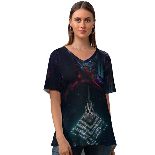 yanfind V Neck T-shirt for Women Black Dark Skyscrapers Shanghai Cityscape Aerial Night City Lights Summer Top  Short Sleeve Casual Loose