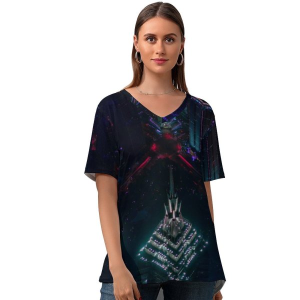 yanfind V Neck T-shirt for Women Black Dark Skyscrapers Shanghai Cityscape Aerial Night City Lights Summer Top  Short Sleeve Casual Loose