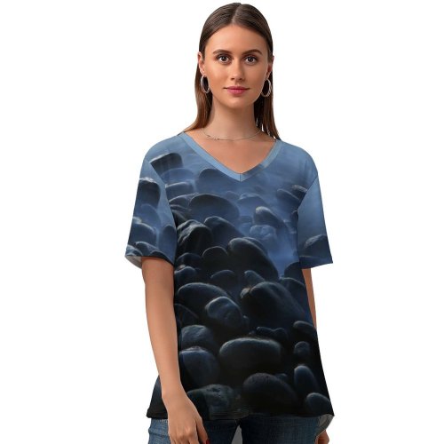 yanfind V Neck T-shirt for Women Stones Pebbles Seashore Foggy Mist Dark Summer Top  Short Sleeve Casual Loose