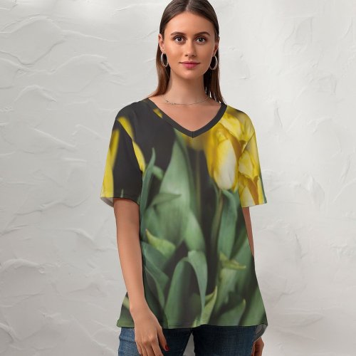 yanfind V Neck T-shirt for Women Arrangement Tullips Bouquet Floral Flora Spring Petal Wallpapers Plant Tulip Pictures Summer Top  Short Sleeve Casual Loose