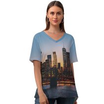 yanfind V Neck T-shirt for Women Luca Bravo Manhattan York City Manhattan Bridge Cityscape Sunset Urban Evening City Summer Top  Short Sleeve Casual Loose