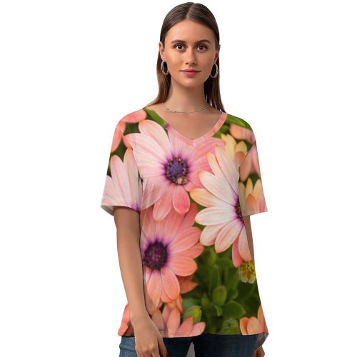 yanfind V Neck T-shirt for Women Mitchell Luo Flowers Daisies Floral Blossom Bloom Spring Closeup Beautiful Summer Top  Short Sleeve Casual Loose