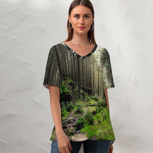 yanfind V Neck T-shirt for Women Saxon Switzerland National Park Forest Light Summer Top  Short Sleeve Casual Loose
