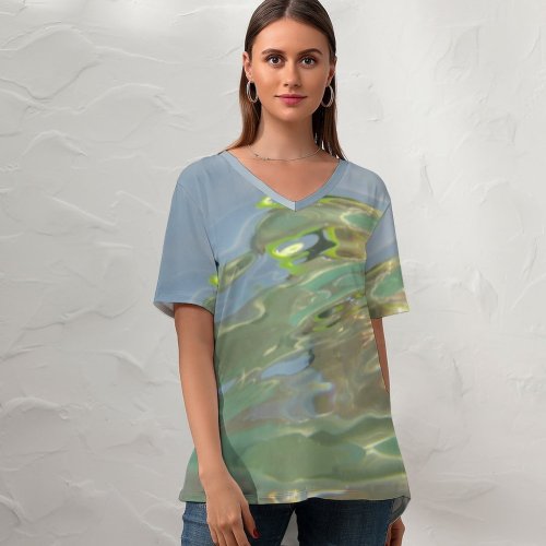 yanfind V Neck T-shirt for Women Waves Ripples Effects Texture Liquid Sea Swim Art Summer Top  Short Sleeve Casual Loose