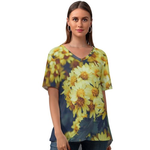 yanfind V Neck T-shirt for Women Fall Autumn Petal Aster Grass Wallpapers Plant Asteraceae Pollen Free Pictures Summer Top  Short Sleeve Casual Loose