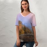yanfind V Neck T-shirt for Women Great Wall China Jinshanling Sunrise Summer Top  Short Sleeve Casual Loose