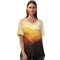 yanfind V Neck T-shirt for Women Valley Golden Hour Sunlight Mountains Landscape Italy Morning Light Summer Top  Short Sleeve Casual Loose