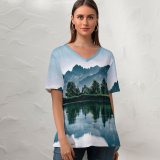 yanfind V Neck T-shirt for Women Mountains Lake Riven Reflection Trees Summer Top  Short Sleeve Casual Loose