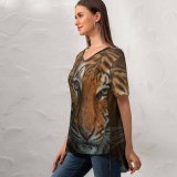 yanfind V Neck T-shirt for Women Bengal Tiger Closeup Big Cat Wild Summer Top  Short Sleeve Casual Loose