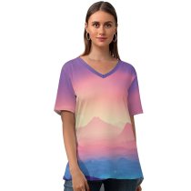 yanfind V Neck T-shirt for Women Coyle Valley Landscape Mountains Gradient Colorful Scenery Layers Panorama Summer Top  Short Sleeve Casual Loose
