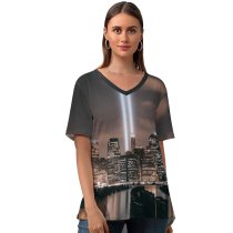 yanfind V Neck T-shirt for Women Lerone Pieters Brooklyn Cityscape Night City Lights York City USA Summer Top  Short Sleeve Casual Loose