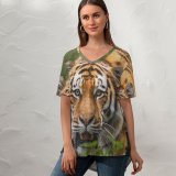 yanfind V Neck T-shirt for Women Bengal Tiger Big Cat Predator Wild Summer Top  Short Sleeve Casual Loose