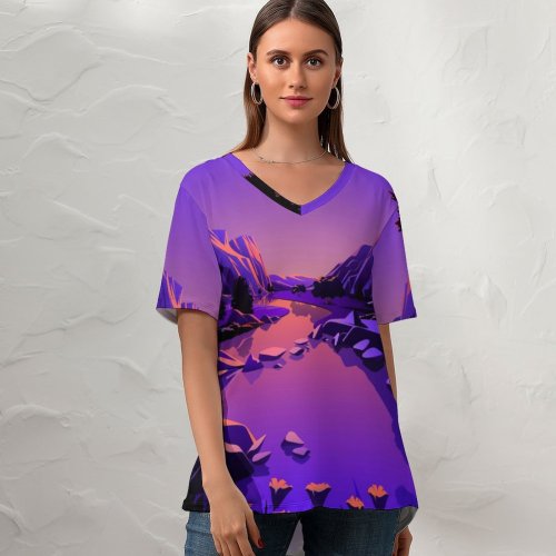 yanfind V Neck T-shirt for Women Lake Mountains Rocks Twilight Sunset Purple Sky Sky Scenery MacOS Big Sur Summer Top  Short Sleeve Casual Loose