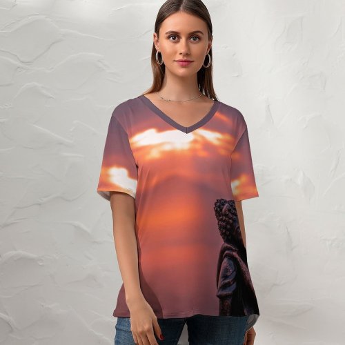 yanfind V Neck T-shirt for Women Cute Statue Sunset Summer Top  Short Sleeve Casual Loose