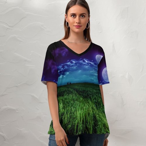 yanfind V Neck T-shirt for Women Moon Landscape Night Field Cloudy Summer Top  Short Sleeve Casual Loose