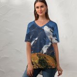 yanfind V Neck T-shirt for Women Sven Muller Meije Mountains Alps Landscape Summer Top  Short Sleeve Casual Loose