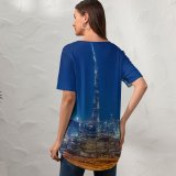 yanfind V Neck T-shirt for Women Burj Khalifa Dubai Skyscraper Cityscape Modern Architecture Night City Lights Metropolitan Urban Summer Top  Short Sleeve Casual Loose