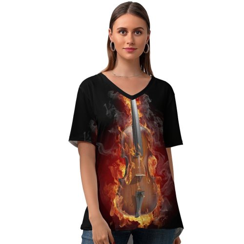 yanfind V Neck T-shirt for Women Black Dark Violin Fire Summer Top  Short Sleeve Casual Loose