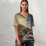 yanfind V Neck T-shirt for Women Mirolim Mirsolixov Deer Hot Air Balloons Sunrise Landscape Stone Staircase Summer Top  Short Sleeve Casual Loose