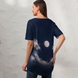 yanfind V Neck T-shirt for Women Aron Visuals Moon Clouds Night Starry Sky Summer Top  Short Sleeve Casual Loose