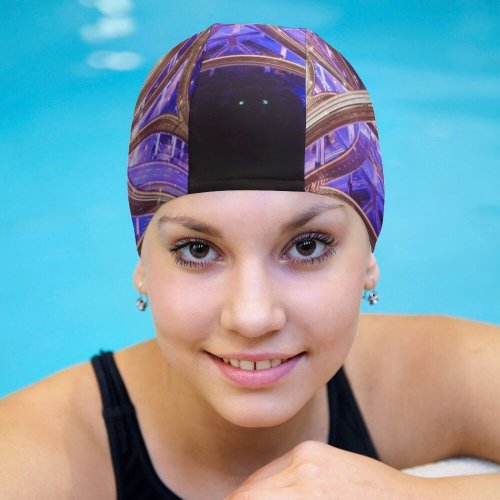 yanfind Swimming Cap Denys Nevozhai Interchange Roads Intersection Cityscape Aerial Night Time City Lights Purple Elastic,suitable for long and short hair