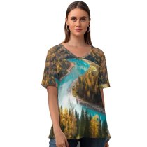 yanfind V Neck T-shirt for Women Kanas Lake Aerial Forest Scenic Trees Xinjiang China Summer Top  Short Sleeve Casual Loose