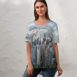 yanfind V Neck T-shirt for Women Hong Kong City Victoria Peak Cityscape Daytime Aerial Skyscrapers Clouds Harbor Summer Top  Short Sleeve Casual Loose