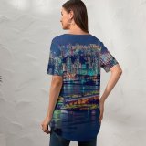 yanfind V Neck T-shirt for Women Daniam Chou Hong Kong City Cityscape Nightlife Skyscrapers Waterfront Reflections River Nighttime Summer Top  Short Sleeve Casual Loose