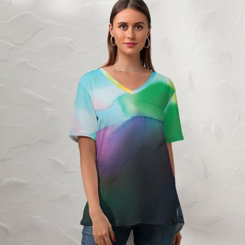 yanfind V Neck T-shirt for Women Robert Kohlhuber Abstract Liquid Art Colorful Fluid Waves  Summer Top  Short Sleeve Casual Loose