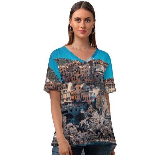 yanfind V Neck T-shirt for Women Cinque Terre Coastline Buildings Town Rocks Harbor Cliff Italy Summer Top  Short Sleeve Casual Loose
