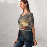 yanfind V Neck T-shirt for Women Fantasy Surreal Fishing Boat Sea Sunrise Underwater Summer Top  Short Sleeve Casual Loose