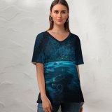 yanfind V Neck T-shirt for Women Grafixart Forest River Night Dark Magical Crescent Moon Fairies Summer Top  Short Sleeve Casual Loose