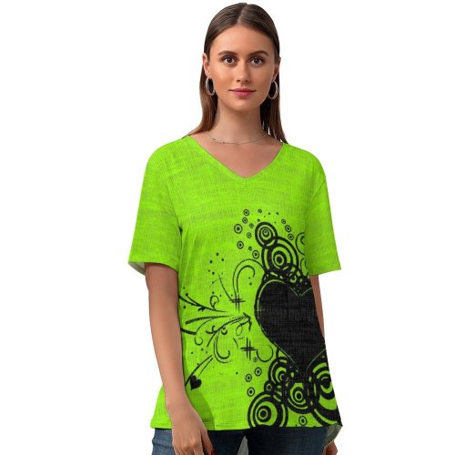 yanfind V Neck T-shirt for Women Valentine Heart Lime Texture Love Design Ornament Leaf Plant Floral Visual Art Summer Top  Short Sleeve Casual Loose