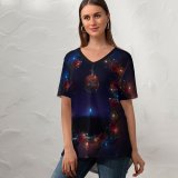 yanfind V Neck T-shirt for Women Neville Black Dark Celebrations Christmas Christmas Decoration Merry Christmas Night Dark Lights Summer Top  Short Sleeve Casual Loose