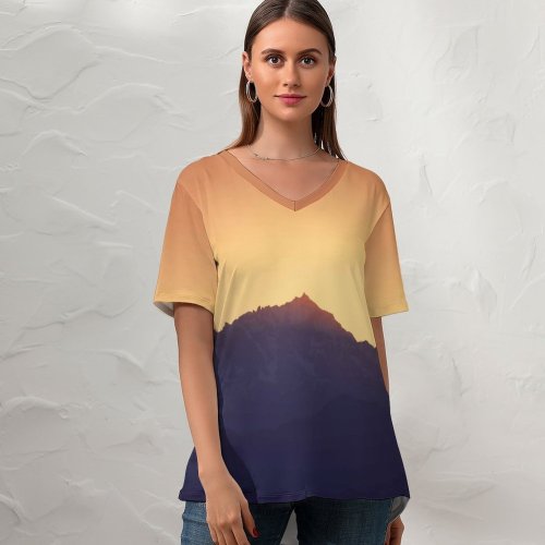 yanfind V Neck T-shirt for Women Jordan Steranka Mountains Sunset Silhouette Sky Dusk Sunrise Seattle Washington Landscape Summer Top  Short Sleeve Casual Loose