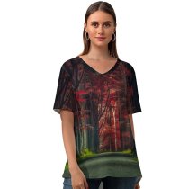 yanfind V Neck T-shirt for Women Hmetosche Forest Road Trees Woods Sunset Autumn Forest Dawn Pathway Scenic Summer Top  Short Sleeve Casual Loose