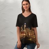 yanfind V Neck T-shirt for Women Black Dark San Francisco City Cityscape Night Time City Lights Skyscrapers Waterfront Summer Top  Short Sleeve Casual Loose