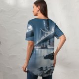 yanfind V Neck T-shirt for Women Lerone Pieters George Washington Bridge Night City Lights Rocks Hudson River Jersey Summer Top  Short Sleeve Casual Loose