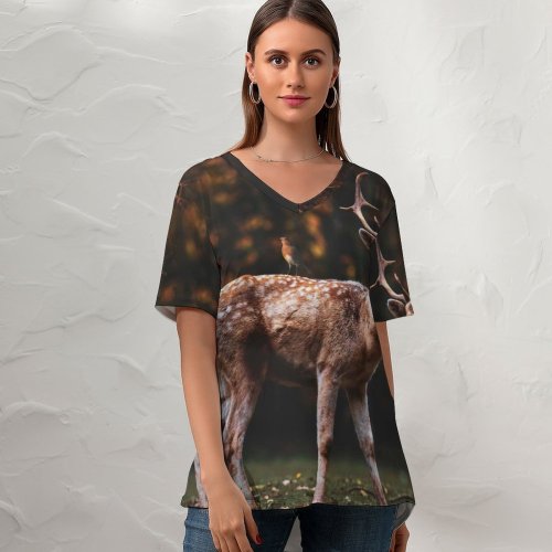 yanfind V Neck T-shirt for Women Fallow Deer Squirrel Bird Trees Forest Autumn Summer Top  Short Sleeve Casual Loose